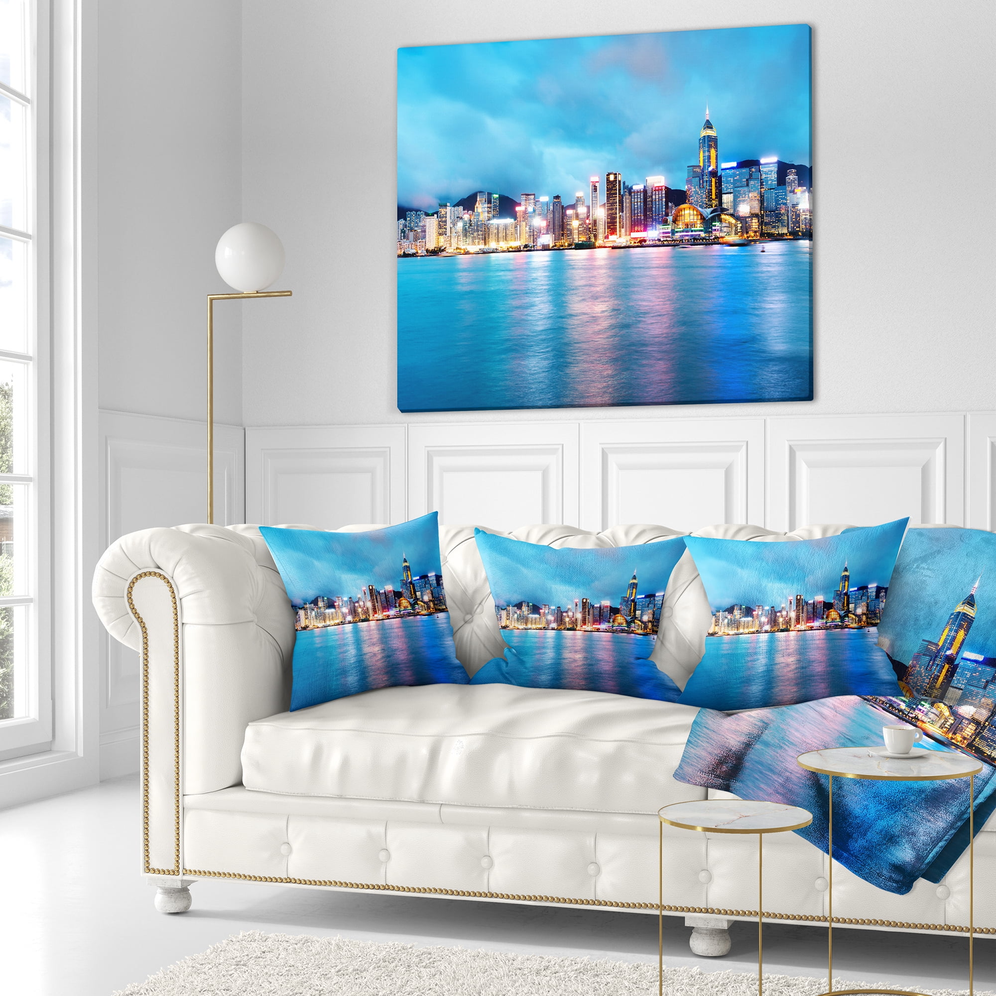 Designart Colorful Hong Kong at Night - Cityscape Throw Pillow - 18x18