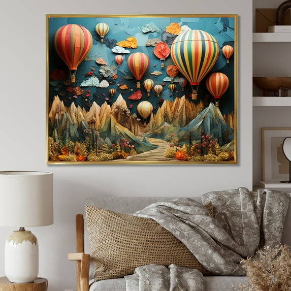 Designart "Colorful Hot Air Ballon composition" Transportation Floater Framed Wall Art Living Room