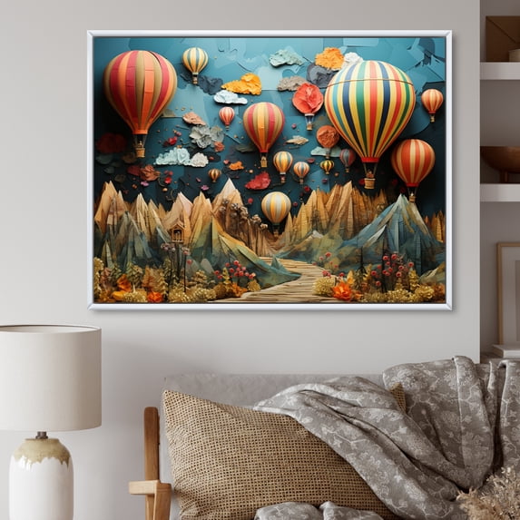 Designart "Colorful Hot Air Ballon composition" Transportation Floater Framed Wall Art Living Room