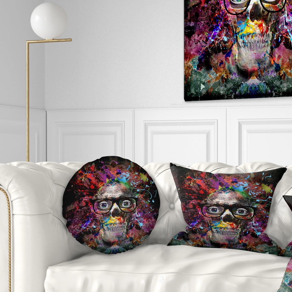 Designart Colorful Human Skull with Glasses - Abstract Throw Pillow - 12x20