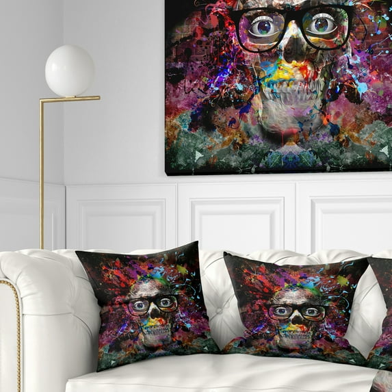 Designart Colorful Human Skull with Glasses - Abstract Throw Pillow - 16x16