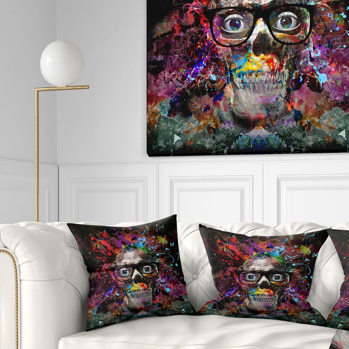 Designart Colorful Human Skull with Glasses - Abstract Throw Pillow - 18x18