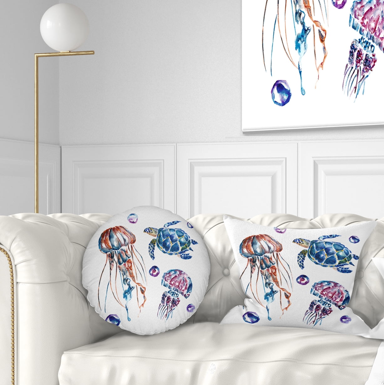 Designart Colorful Jellyfish and Turtles - Animal Throw Pillow - 12x20