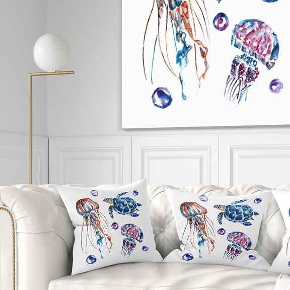 Designart Colorful Jellyfish and Turtles - Animal Throw Pillow - 18x18