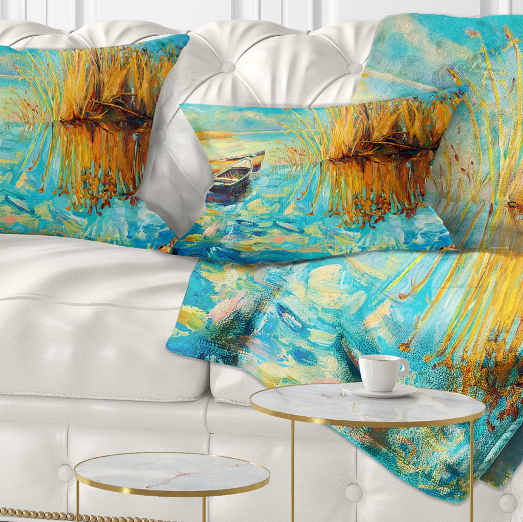 Designart Colorful Lake with Boats - Seascape Throw Pillow - 12x20
