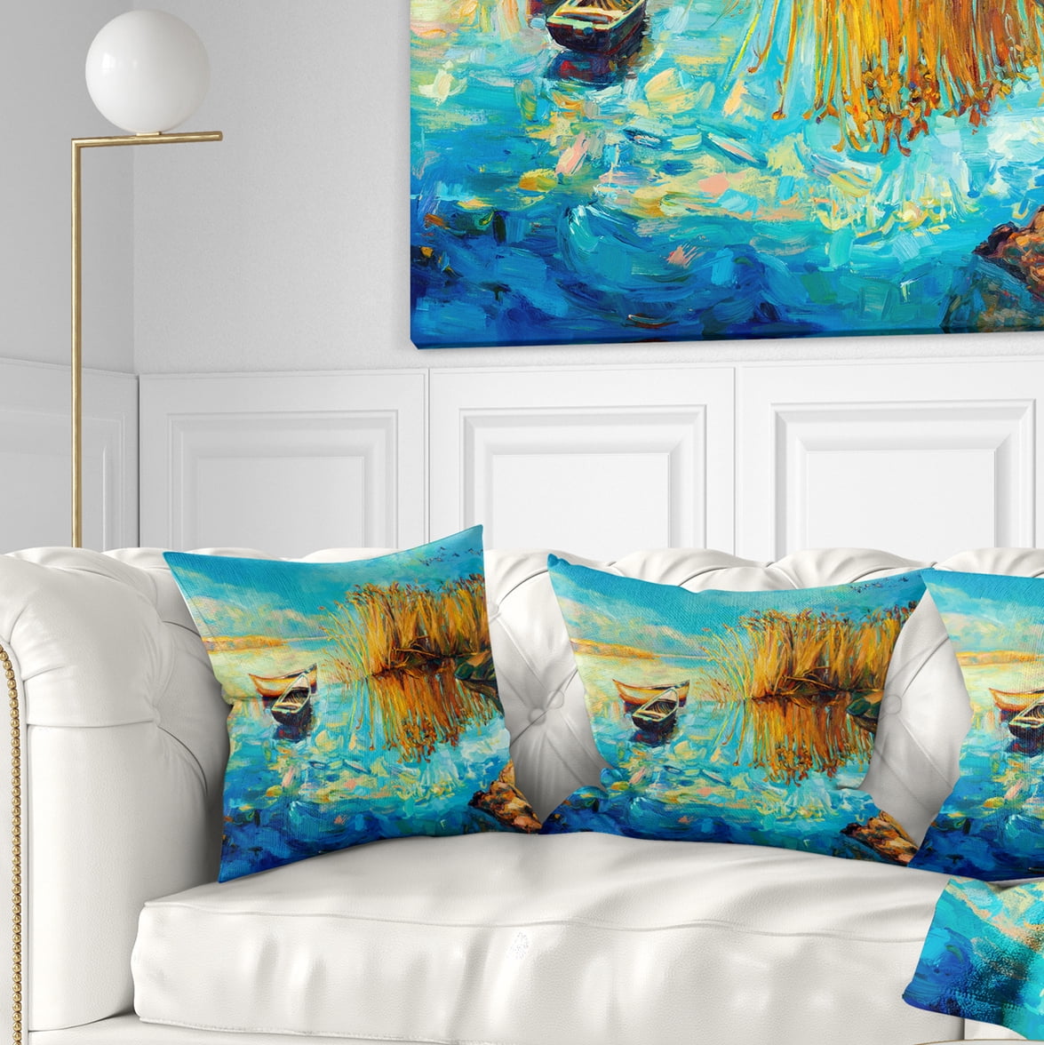 Designart Colorful Lake with Boats - Seascape Throw Pillow - 16x16
