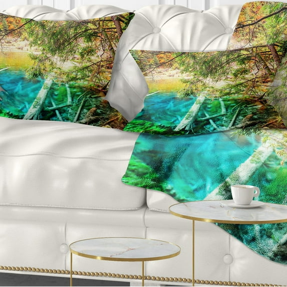 Designart Colorful Lake with Tree Trunks - Landscape Printed Throw Pillow - 12x20