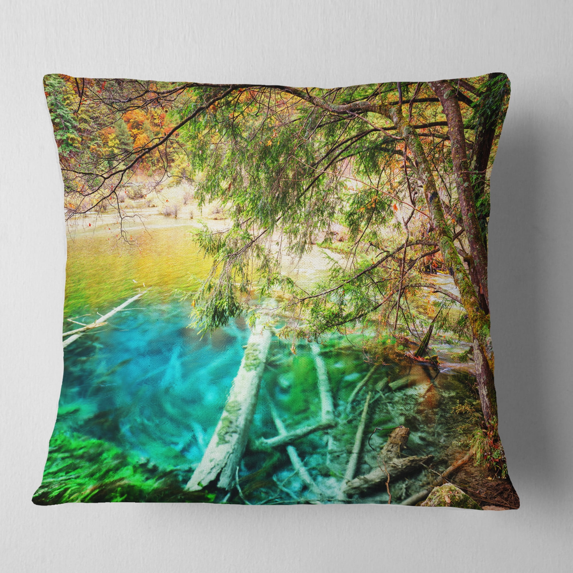Designart Colorful Lake with Tree Trunks - Landscape Printed Throw Pillow - 16x16