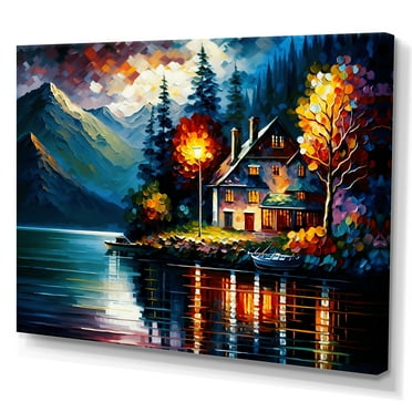 Designart Colorful Lakehouse By The Lake I Canvas Wall Art