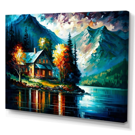 Designart Colorful Lakehouse By The Lake II Canvas Wall Art