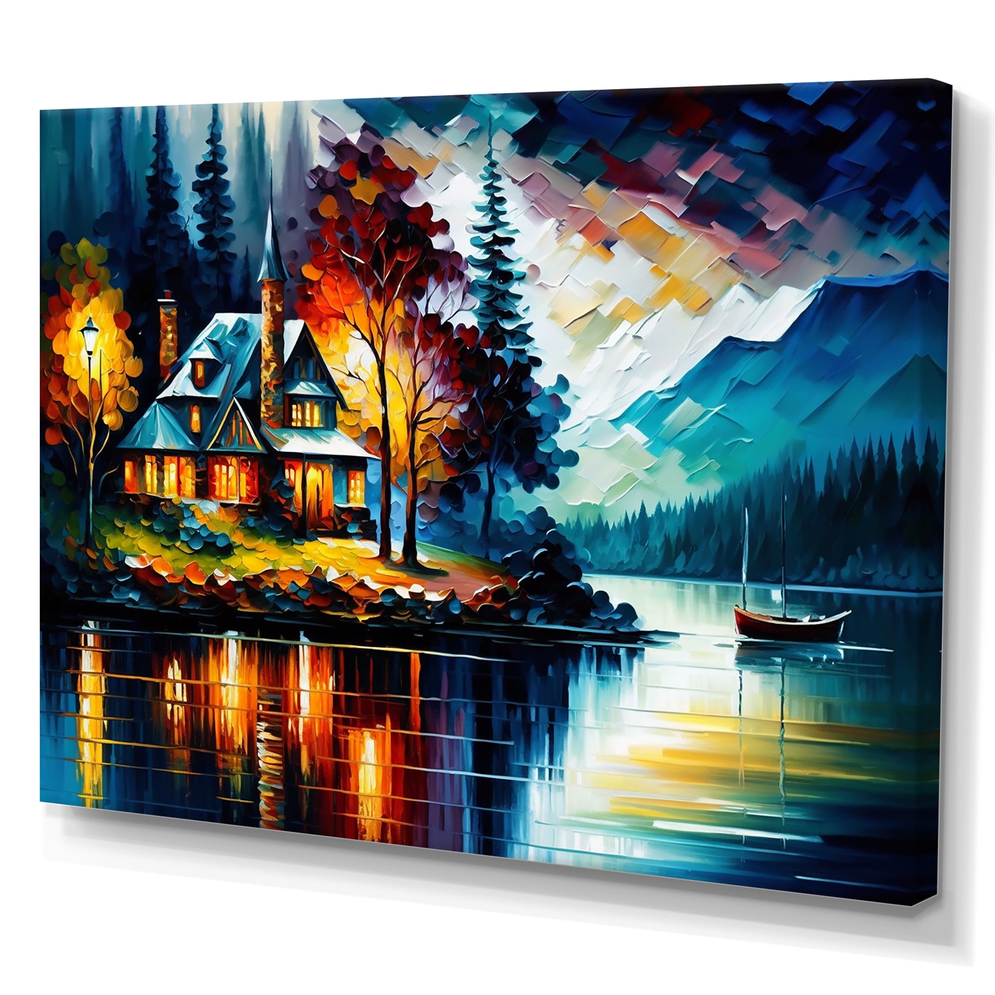 Designart Colorful Lakehouse By The Lake IV Canvas Wall Art