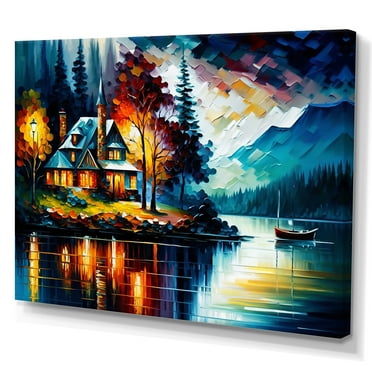 Designart Colorful Lakehouse By The Lake IV Canvas Wall Art