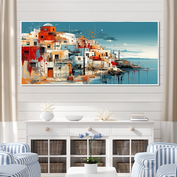 Designart "Colorful Landscape of Santorini, Greece I" Oversized Cityscapes Framed Wall Art - Industrial Multicolor Santorini Hallway Framed Wall Art Decor