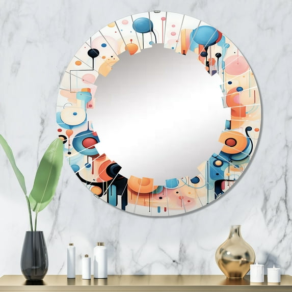 Designart "Colorful Line Art curious Doodles" Abstract Round Wall Mirror - Modern Oval Printed Decorative Oversized Mirror - Multiple Color Options