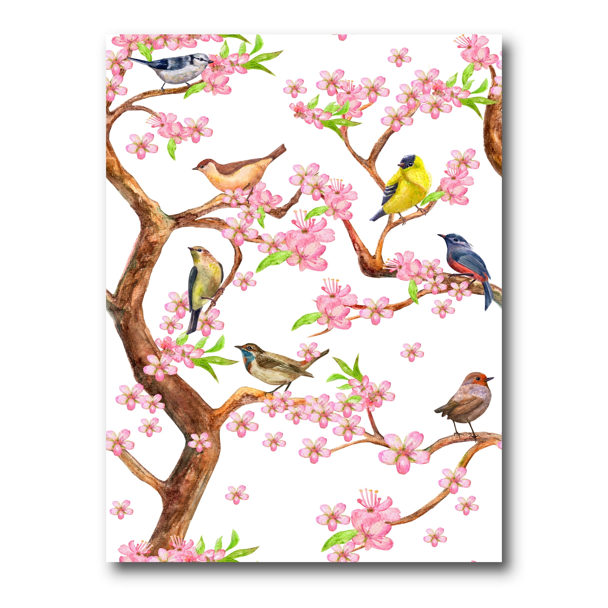 Designart ' Colorful Little Birds On Spring Flowers Tree ' Traditional Canvas Wall Art Print