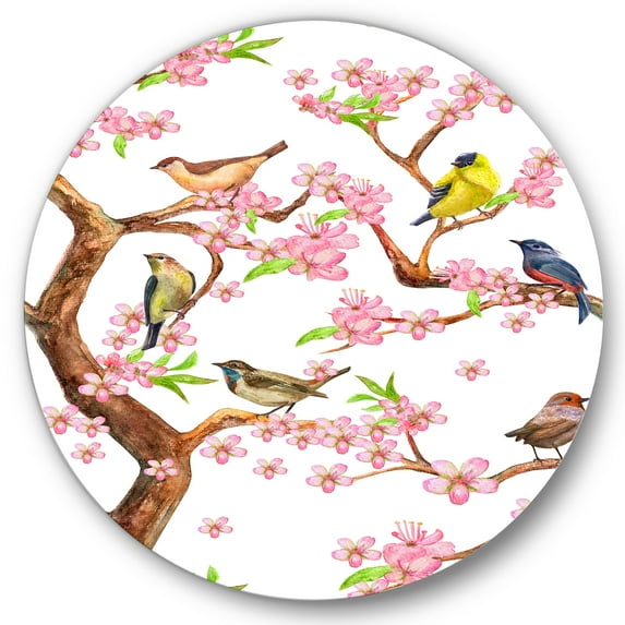Designart 'Colorful Little Birds On Spring Flowers Tree' Traditional Circle Metal Wall Art 36x36 - Disc of 36