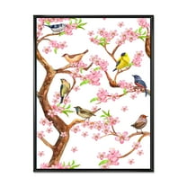 Designart 'Colorful Little Birds On Spring Flowers Tree' Traditional Framed Canvas Wall Art Print