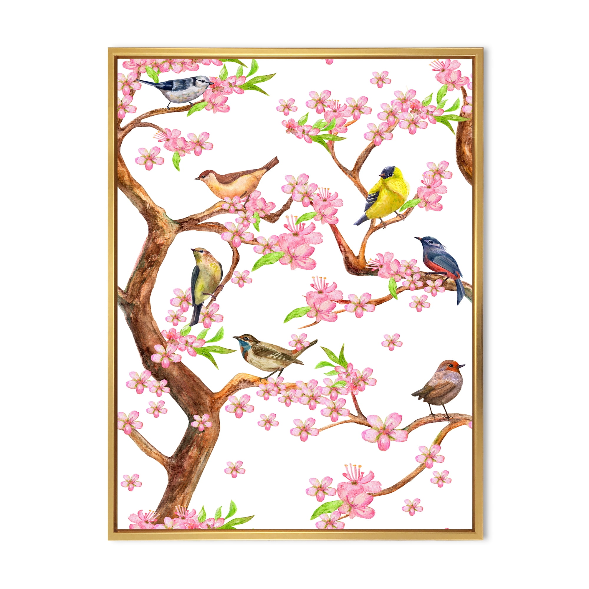 Designart 'Colorful Little Birds On Spring Flowers Tree' Traditional Framed Canvas Wall Art Print
