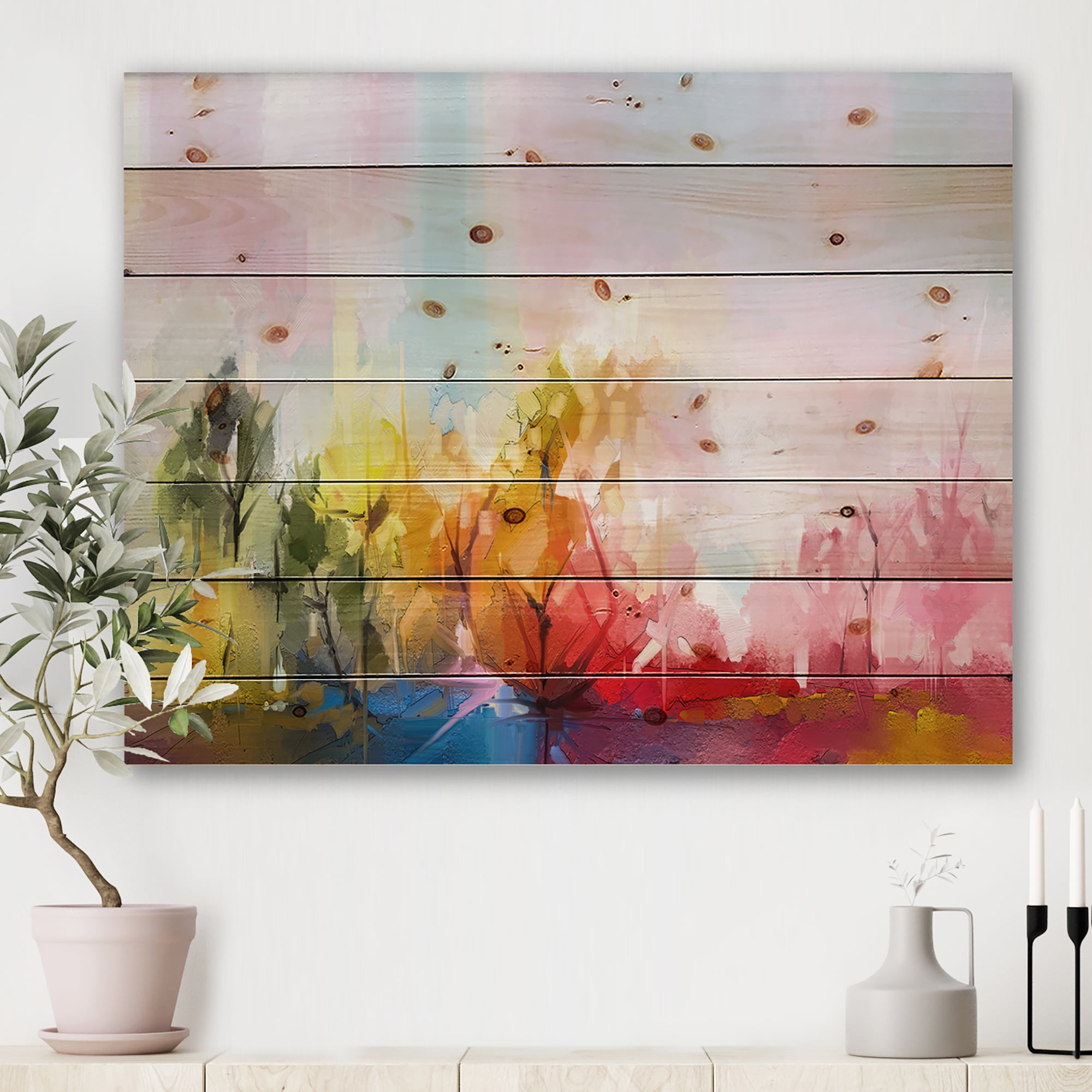 Designart 'Colorful Meadow Wth Abstract Tree' Modern Print on Natural Pine Wood