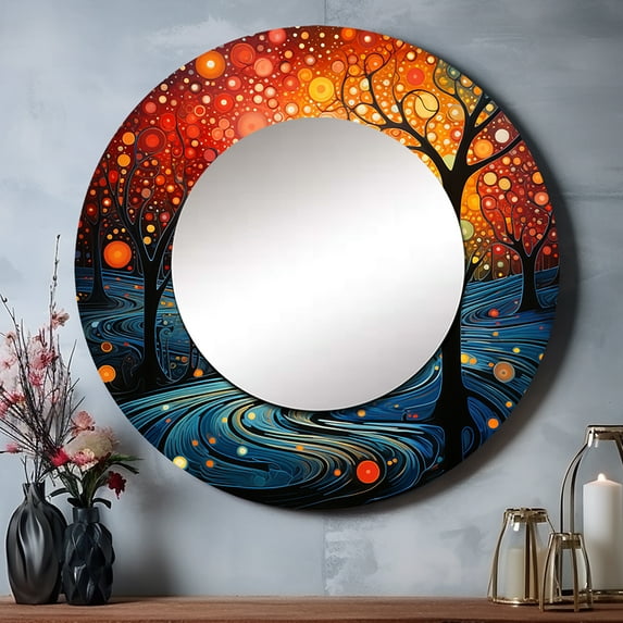 Designart "Colorful Meditation Transcendence Painting Dot II" Abstract Landscapes Rund Mirror For Wall Decor - Large Multi-Color Round Printed Mirror - Traditional Round Mirror 23" x 23" Inch