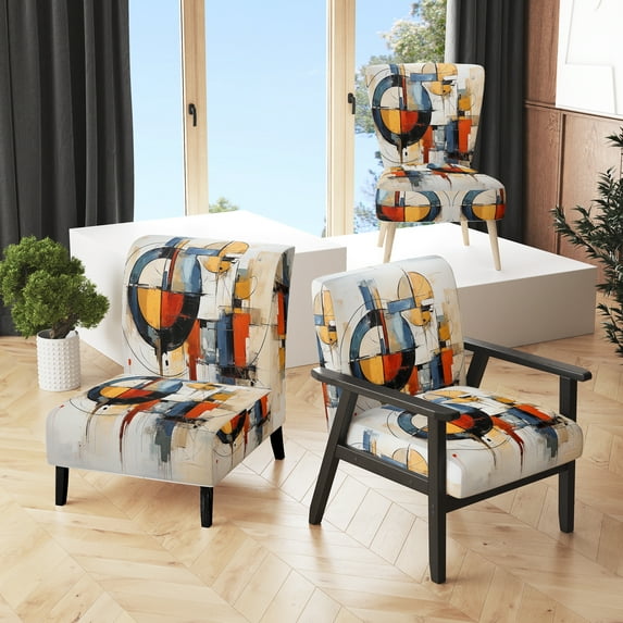 Designart "Colorful Mid Century Abstract Fusion I" Upholstered Mid-century Accent Chair and Mid-Century Modern Arm Chair - Multiple Color & Pattern