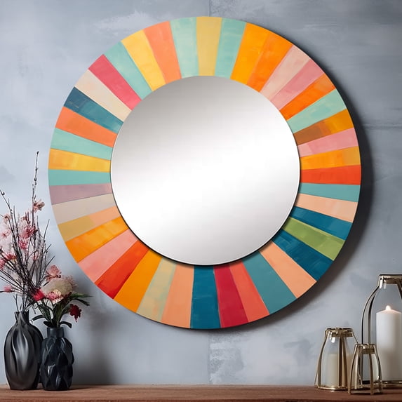 Designart "Colorful Mid Century Optical Charm I" Abstract Round Mirror Wall Decor Mid-Century - Large Multi-Color Round Bathroom Mirror - Round Mirror - 23" x 23"