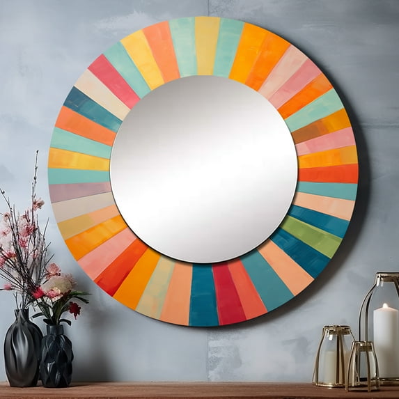 Designart "Colorful Mid Century Optical Charm I" Abstract Round Mirror Wall Decor Mid-Century - Large Multi-Color Round Bathroom Mirror - Round Mirror - 29" x 29"