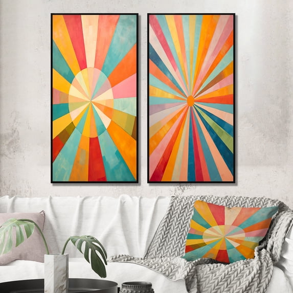 Designart "Colorful Mid Century Optical Charm II" Abstract Framed Wall Art Set Of 2 - Multi-Color Abstract Framed Canvas Set For Living Room Decor
