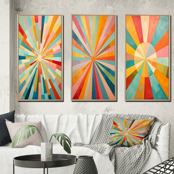 Designart "Colorful Mid Century Optical Charm III" Abstract Framed Wall Art Set Of 3 - Multi-Color Midcentury Frame Gallery Set For Office Decor