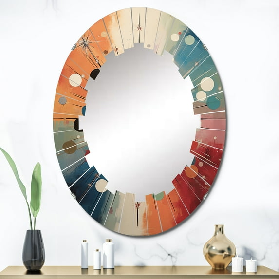Designart "Colorful Mid Century Optical Charm IV" Abstract Round Wall Mirror - Mid-century Oval Printed Decorative Oversized Mirror - Multiple Color Options