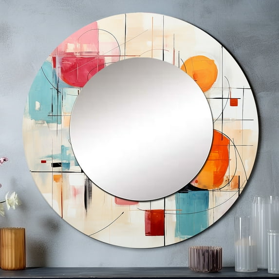 Designart "Colorful Mid Century modern Fusion III" Abstract Collages Round Mirror Wall Décor Mid-Century - Large Multi-Color Round Mirror - Round Mirror 29" x 29" Inch