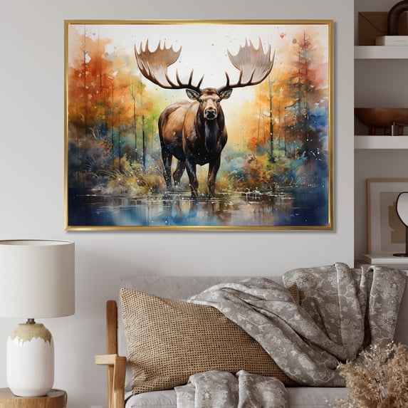 Designart "Colorful Moose Majestic painting" Animals Floater Framed Wall Art Print