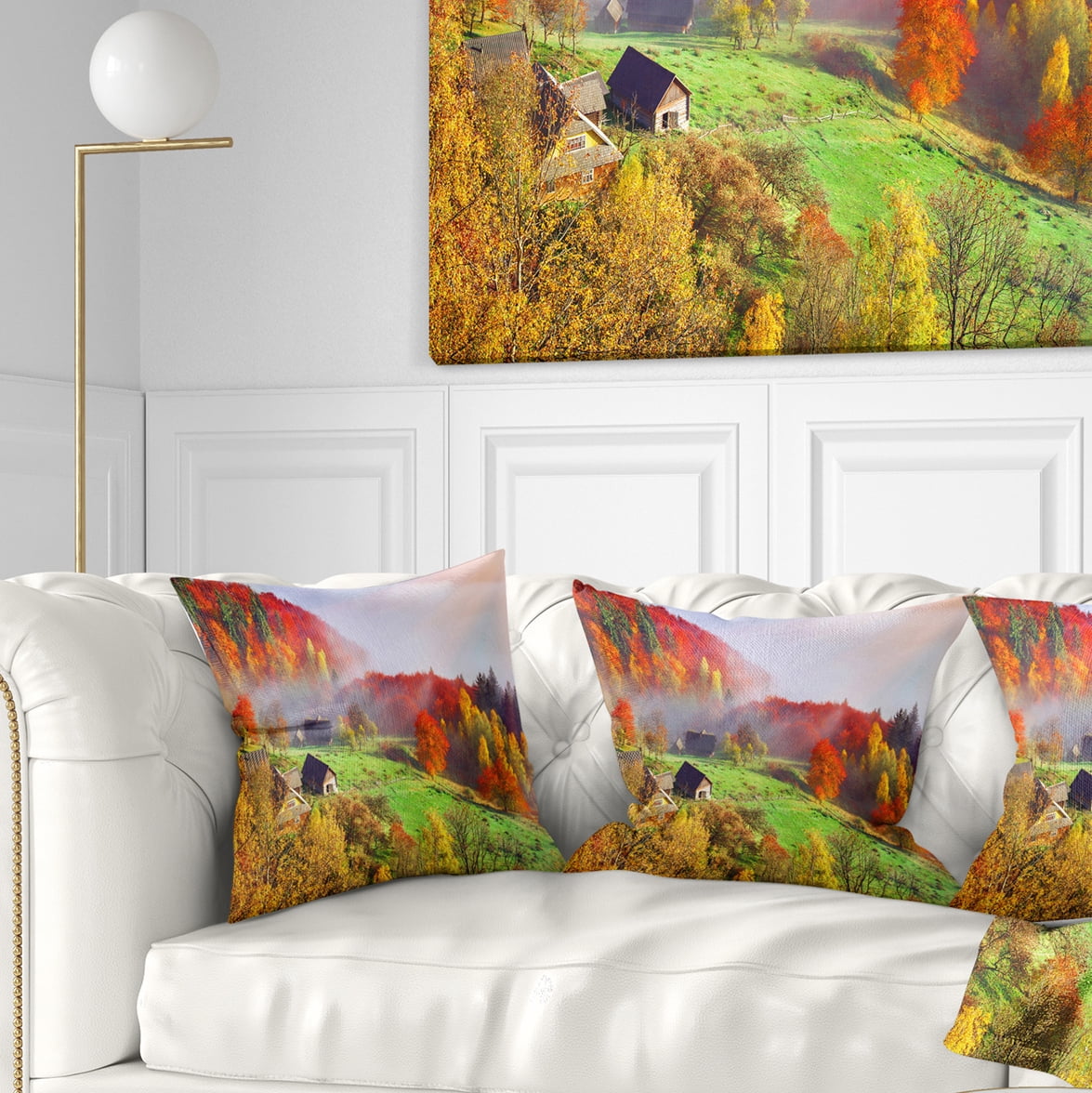 Designart Colorful Mountain Village - Landscape Photo Throw Pillow - 16x16