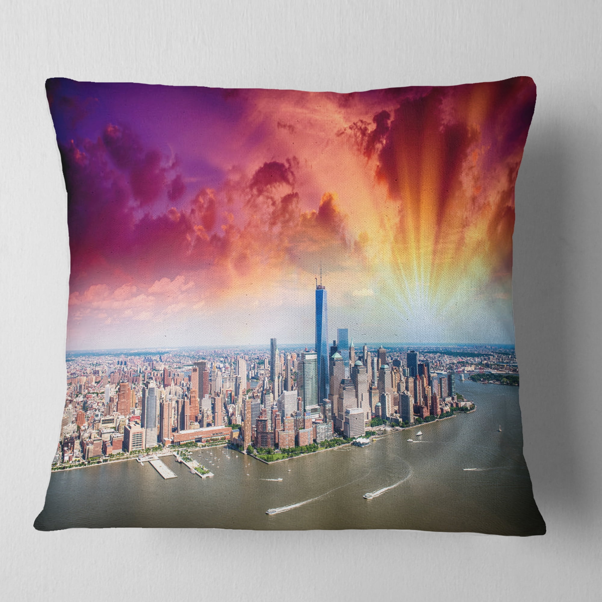 Designart Colorful New York Skyline Aerial View - Modern Cityscape Throw Pillow - 16x16