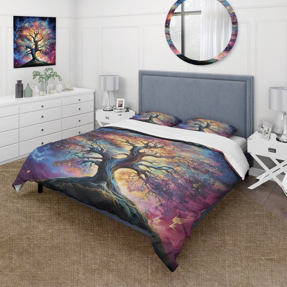 Designart "Colorful Oak Tree magic Strength I" Tree Oak Bedding Covert Set - Traditional Multi-Color Floral Bed Set With 1 Sham