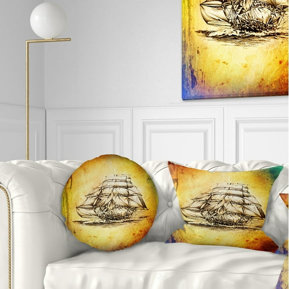 Designart Colorful Old Moving Boat Drawing - Seashore Wall Throw Pillow - 12x20