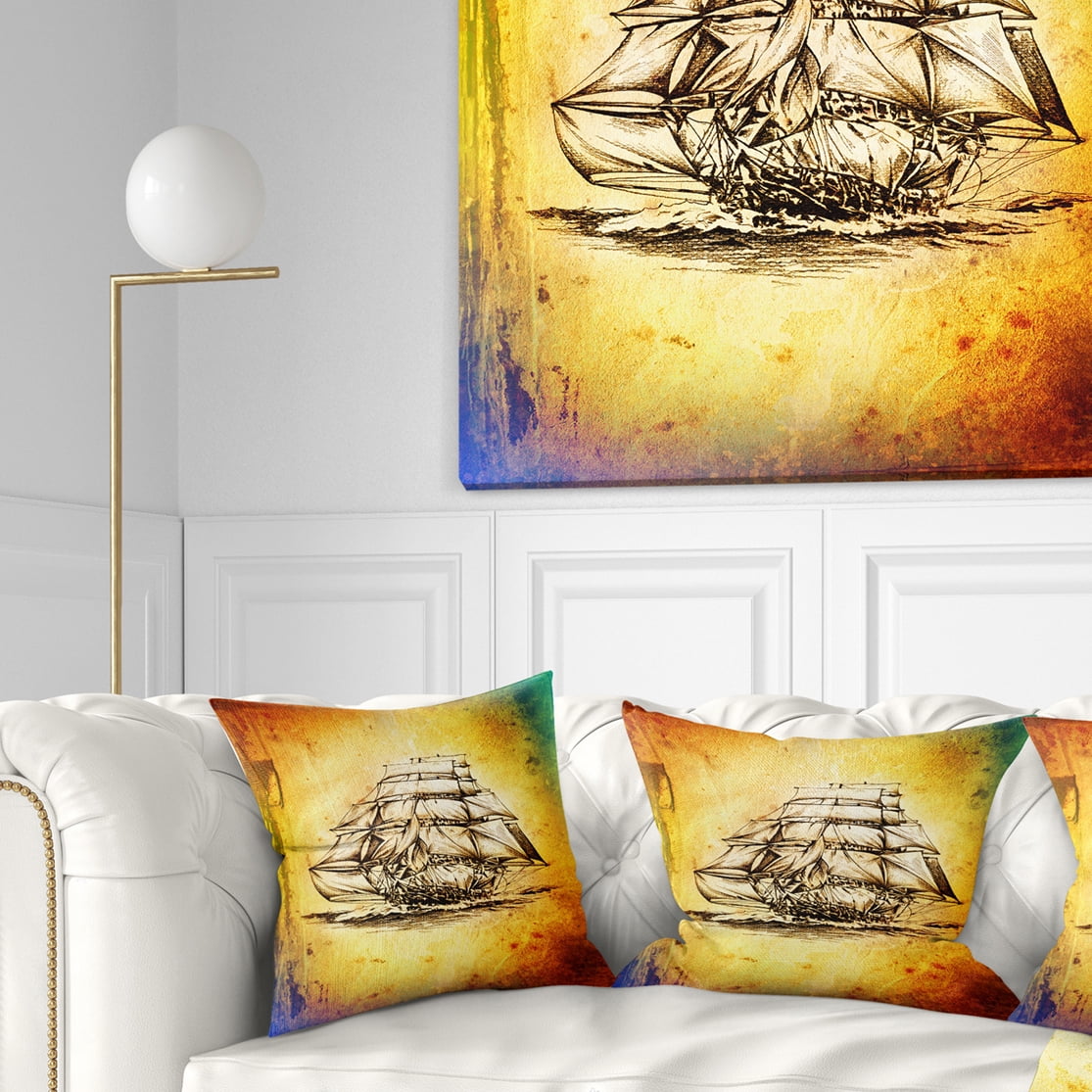 Designart Colorful Old Moving Boat Drawing - Seashore Wall Throw Pillow - 16x16