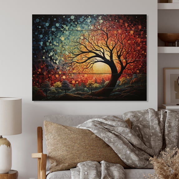 Designart "Colorful Painting Twister Storm I" Pointillism Print on Natural Pine Wood