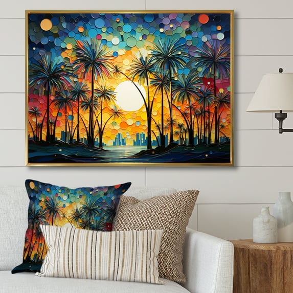 Designart "Colorful Palm Trees composition I" Palm Trees Floater Framed Wall Art Living Room