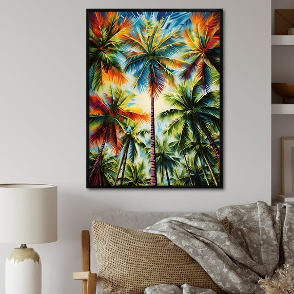 Designart "Colorful Palm Trees composition V" Floral Floater Framed Wall Art Living Room