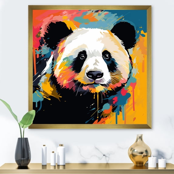Designart "Colorful Pop Art Panda I" Animals Framed Wall Art Decor - Modern Orange Panda Entryway Framed Wall Art