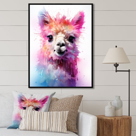 Designart "Colorful Pop Art Portrait of Alpaca I" Animals Framed Wall Art - Traditional Pink Alpaca Hallway Framed Wall Art Decor