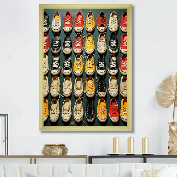Designart "Colorful Pop Art Sneaker Legacy II" Fashion Framed Wall Art - Glam Yellow Pop Art Entryway Framed Wall Art Print