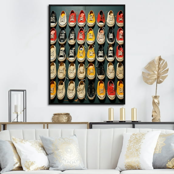 Designart "Colorful Pop Art Sneaker Legacy II" Fashion Framed Wall Art - Glam Yellow Pop Art Entryway Framed Wall Art Print