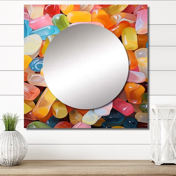 Designart "Colorful Popart Candy Delight III" desserts Square Mirror For Wall Decor - Large Blue Square Printed Wall Mirror Art - Square Traditional Mirror - Wall Mounted Square Large Mirror