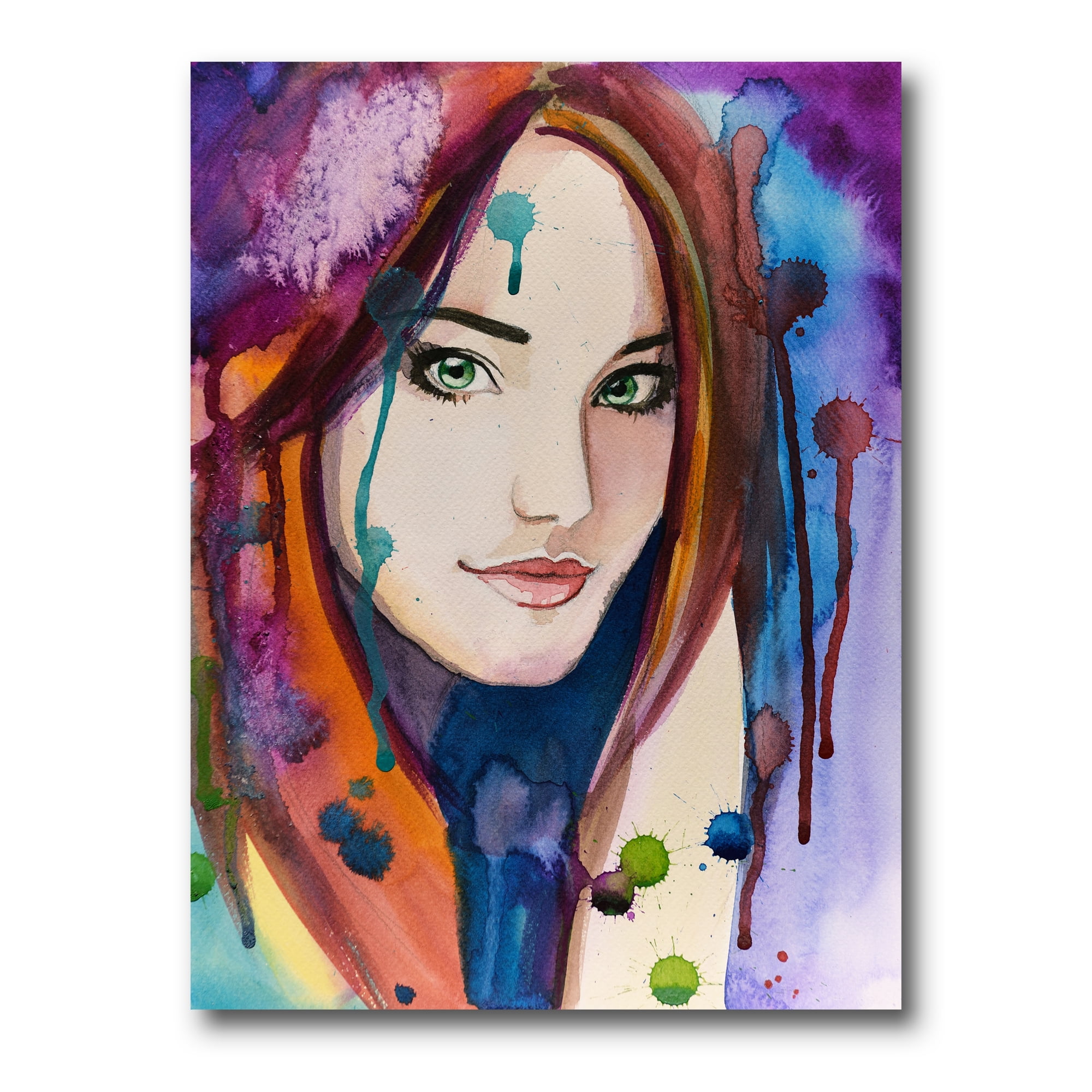 Designart ' Colorful Portrait Of Green Eyes Young Woman ' Traditional Canvas Wall Art Print