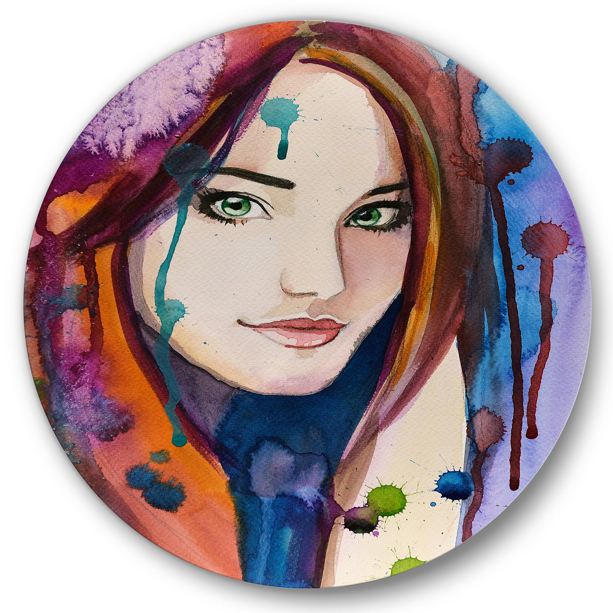 Designart 'Colorful Portrait Of Green Eyes Young Woman' Traditional Circle Metal Wall Art 11x11 - Disc of 11