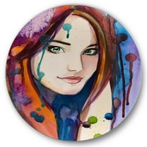 Designart 'Colorful Portrait Of Green Eyes Young Woman' Traditional Circle Metal Wall Art 36x36 - Disc of 36