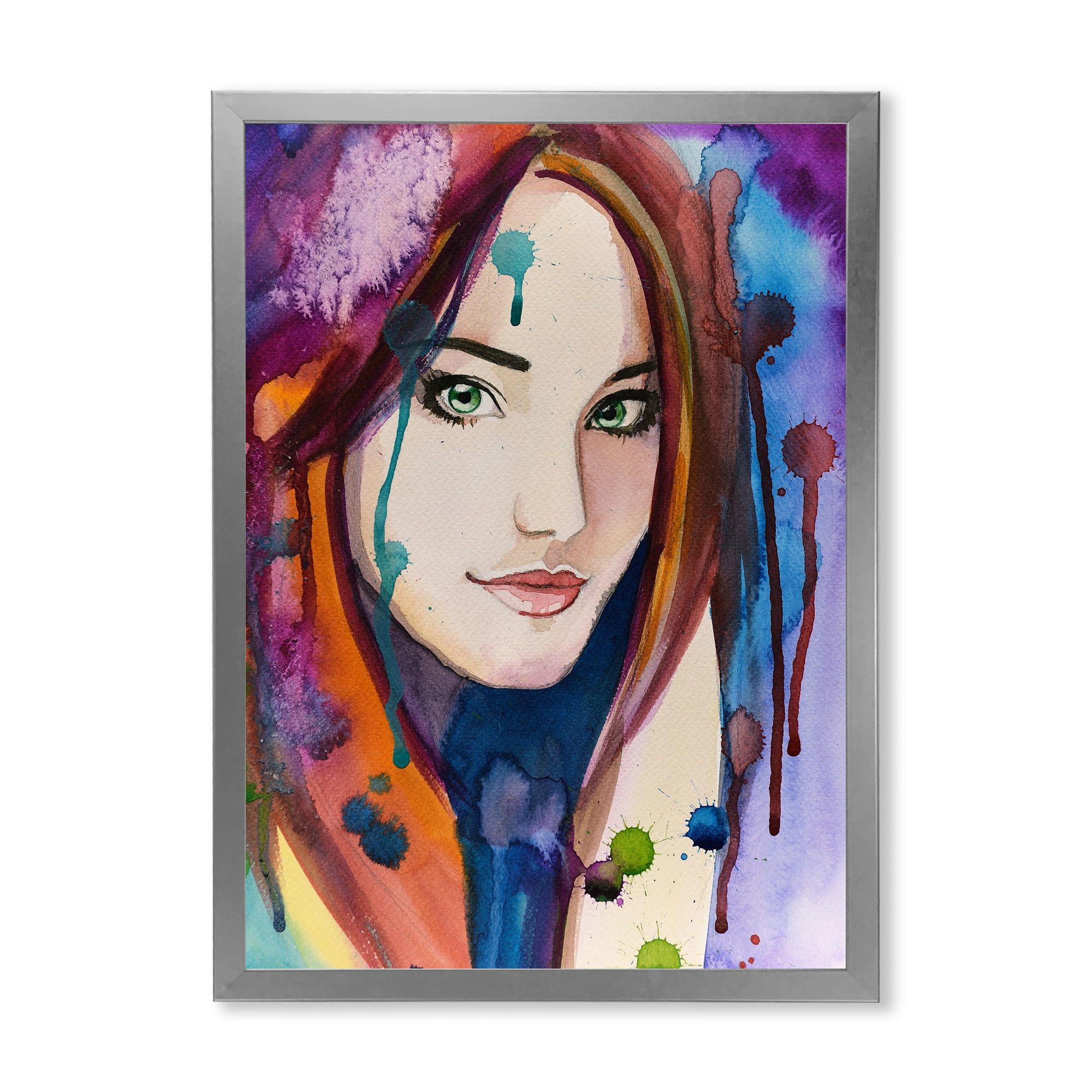 Designart 'Colorful Portrait Of Green Eyes Young Woman' Traditional Framed Art Print