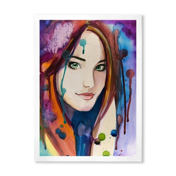 Designart 'Colorful Portrait Of Green Eyes Young Woman' Traditional Framed Art Print